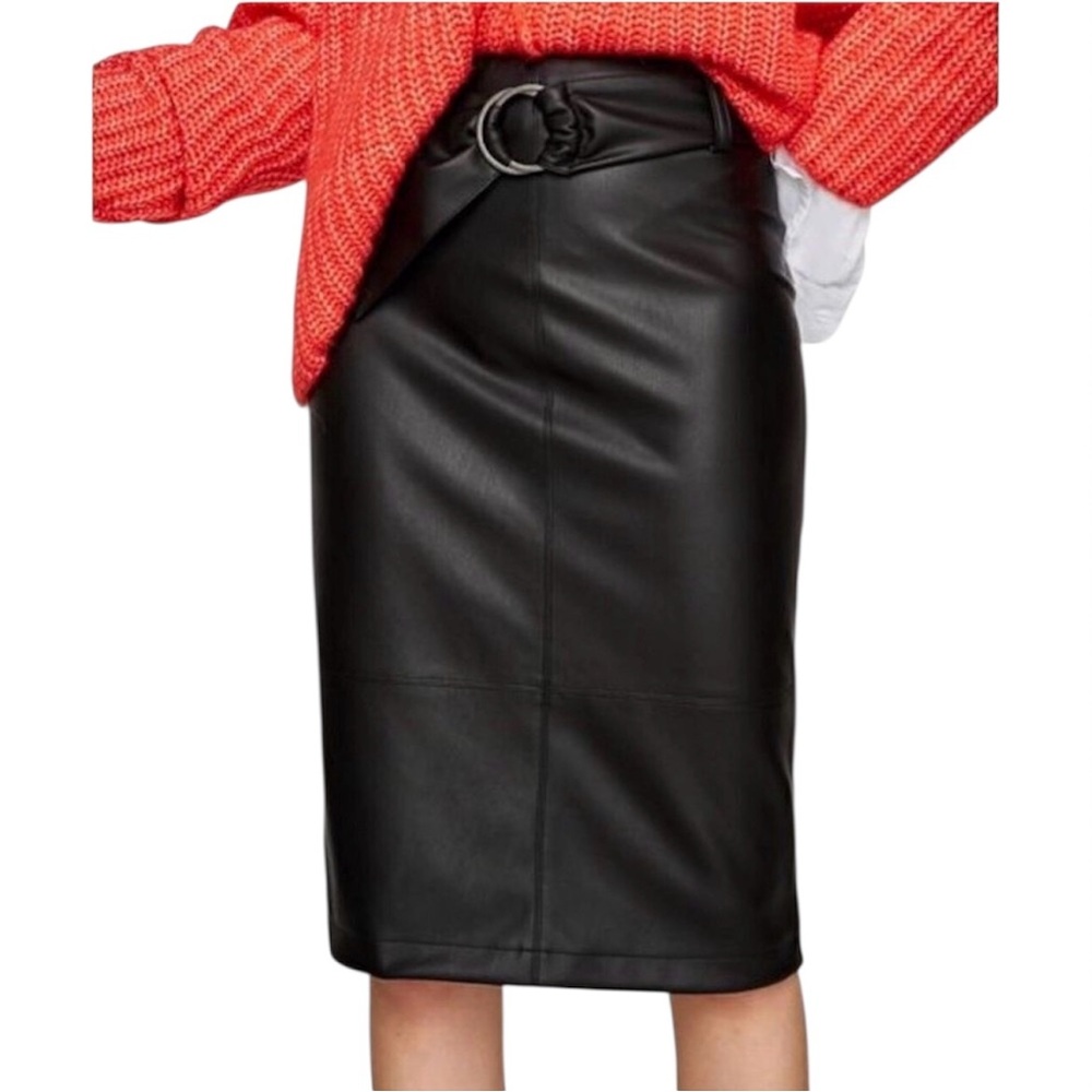 Zara Black Faux Leather Midi Pencil Skirt with Belt